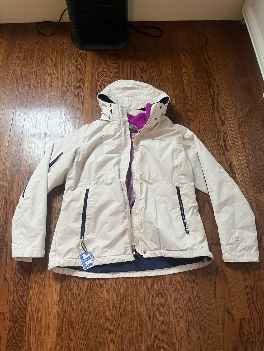Columbia White Hooded Rain Jacket with Pink Liner